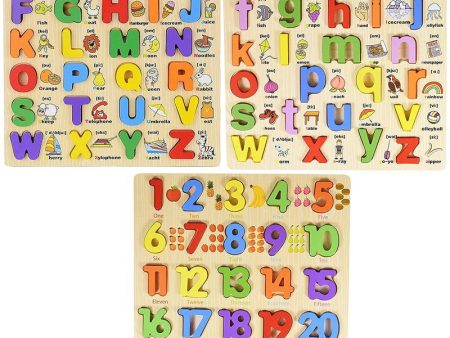 3D Wooden Capital Alphabet, Small Alphabet & Numbers Puzzle with Pictures (Combo Set of 3) Online now