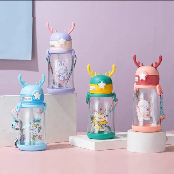 Multicolor Cartoons Printed Kids Water Bottle 550ml Capacity Cute Antler-Shaped with Straw Lid, Detachable Holding Cover Strap (Assorted Colours) Fashion