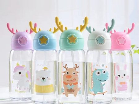 Multicolor Cartoons Printed Kids Water Bottle 550ml Capacity Cute Antler-Shaped with Straw Lid, Detachable Holding Cover Strap (Assorted Colours) Fashion