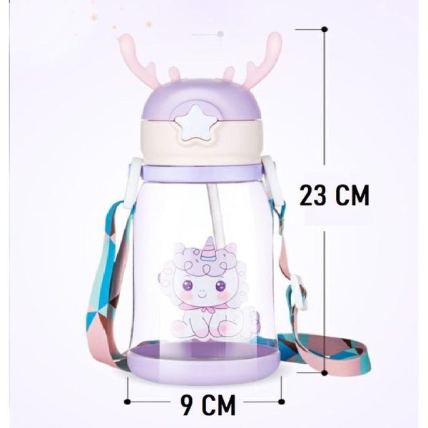 Multicolor Cartoons Printed Kids Water Bottle 550ml Capacity Cute Antler-Shaped with Straw Lid, Detachable Holding Cover Strap (Assorted Colours) Fashion