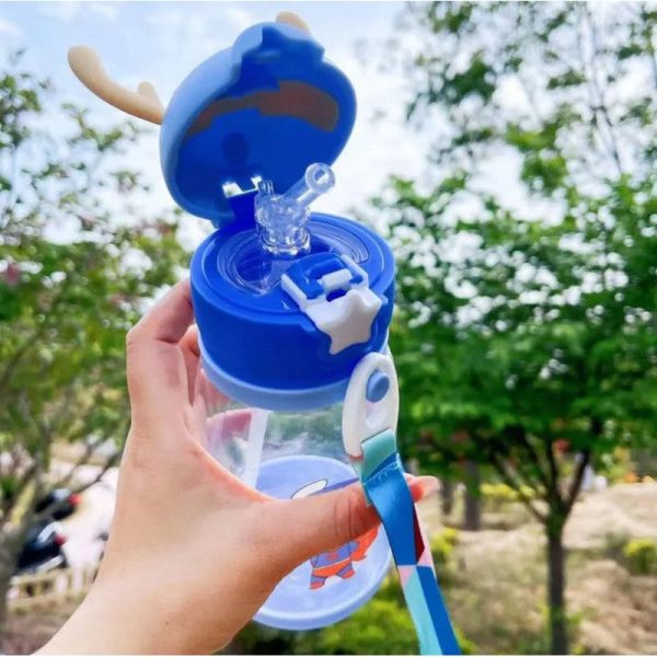 Multicolor Cartoons Printed Kids Water Bottle 550ml Capacity Cute Antler-Shaped with Straw Lid, Detachable Holding Cover Strap (Assorted Colours) Fashion