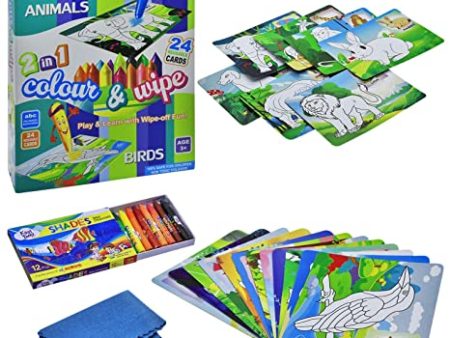 2 in 1 Colour & Wipe (Animal  +  Birds)  - 24 Reusable Cards Supply