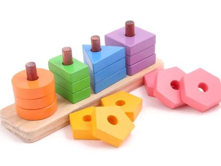 Wooden Shapes Stacker - 4 Shapes  (12pcs) Geometric Stacker Shape Sorter Blocks Discount