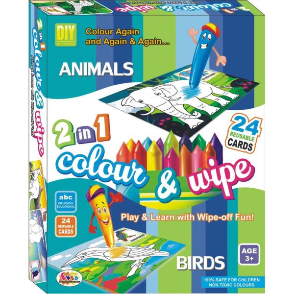 2 in 1 Colour & Wipe (Animal  +  Birds)  - 24 Reusable Cards Supply