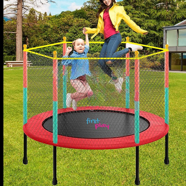 Black Powder Coated Frame Trampoline with Safety Enclosure Net and Spring Pad - 55 inch (Support Upto 100 KG) - Red and Green (COD Not Available) Online