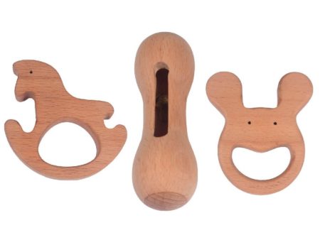 2 Natural Wooden Teethers & 1 Wooden Bell Rattle Combo Pack For Cheap