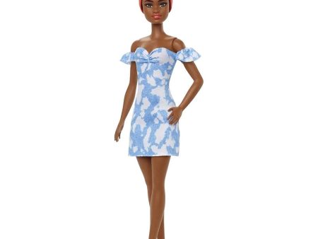 Barbie Fashionistas Doll, Black Up-do Hair, Off-Shoulder Bleached Denim Dress, Orange Bandana, White Boots (IC) Discount